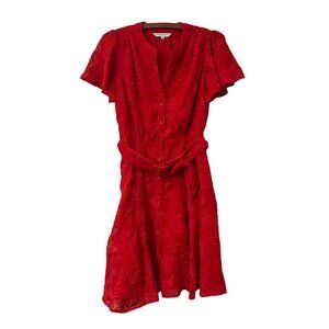 Anthropologie Ranna Gill Red Embroidered Floral Belted Dress Womens Size XSmall